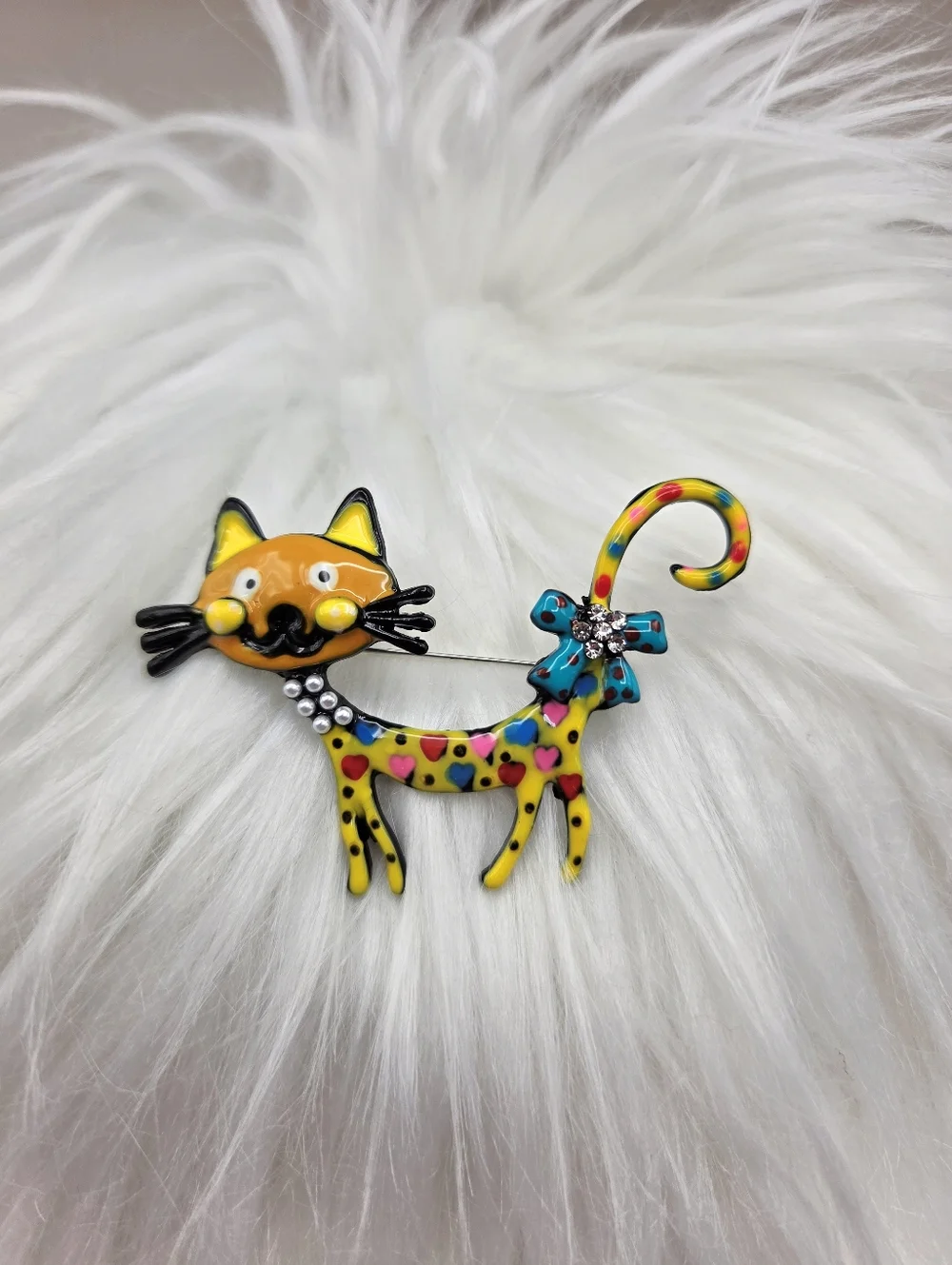 Whimsical Yellow Cat Brooch with Green Polka-Dot Bow, NWOT